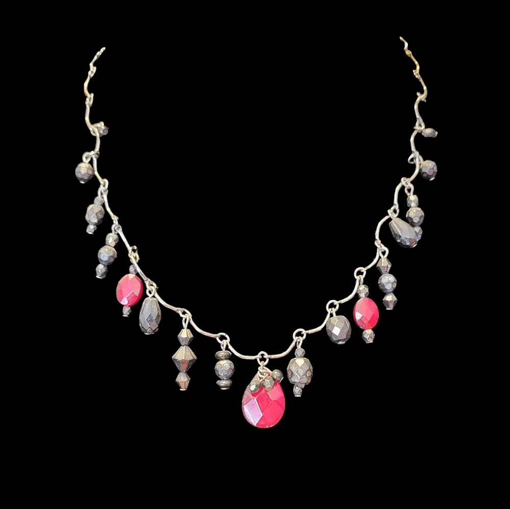 Gothic Vine & Bead Red & Gray Charm Choker Necklace